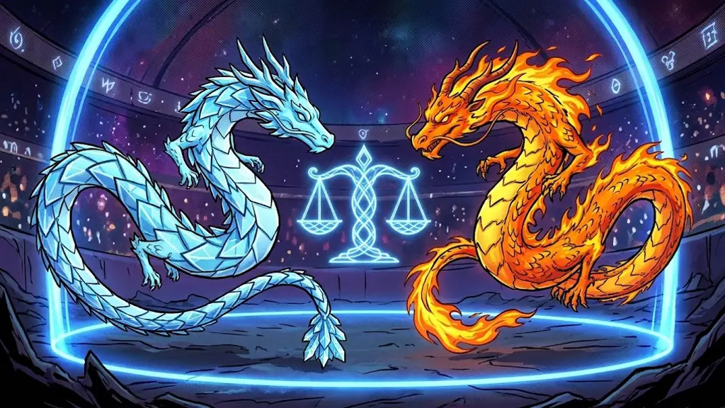 Two dragons facing each other as equals inside a glowing arena ring