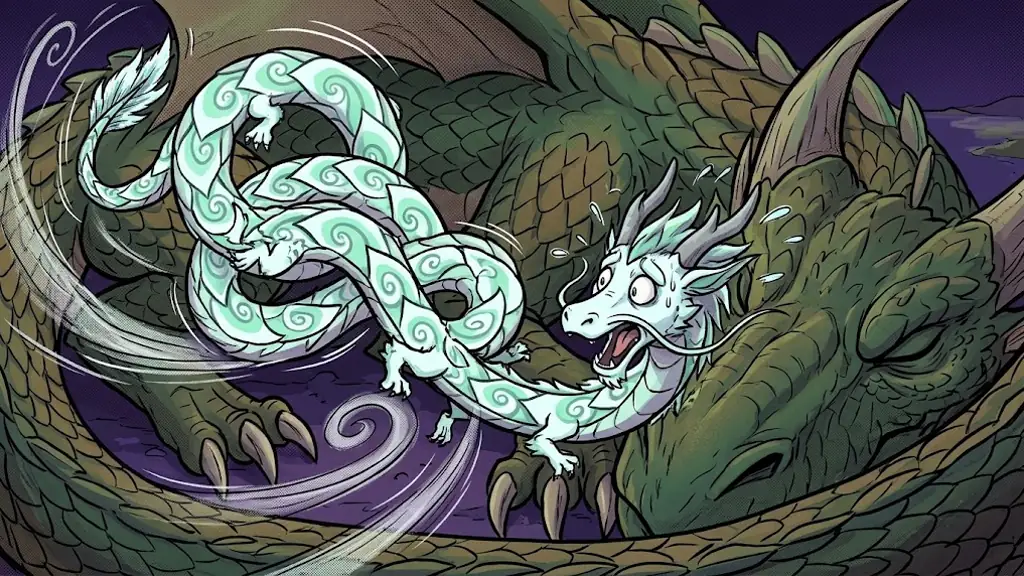 A young wind dragon about to crash head-first into the body of a giant dragon