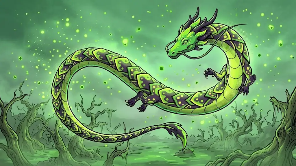 Blight, the lime-green spotted dragon, drifting through a misty swamp sky