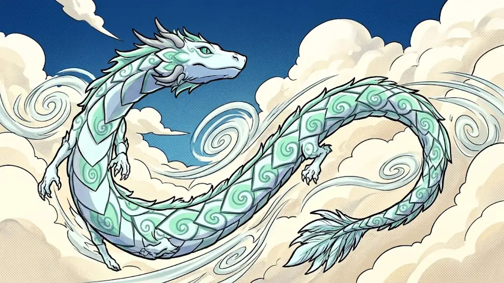Breeze, the white and mint wind dragon, riding high currents between clouds