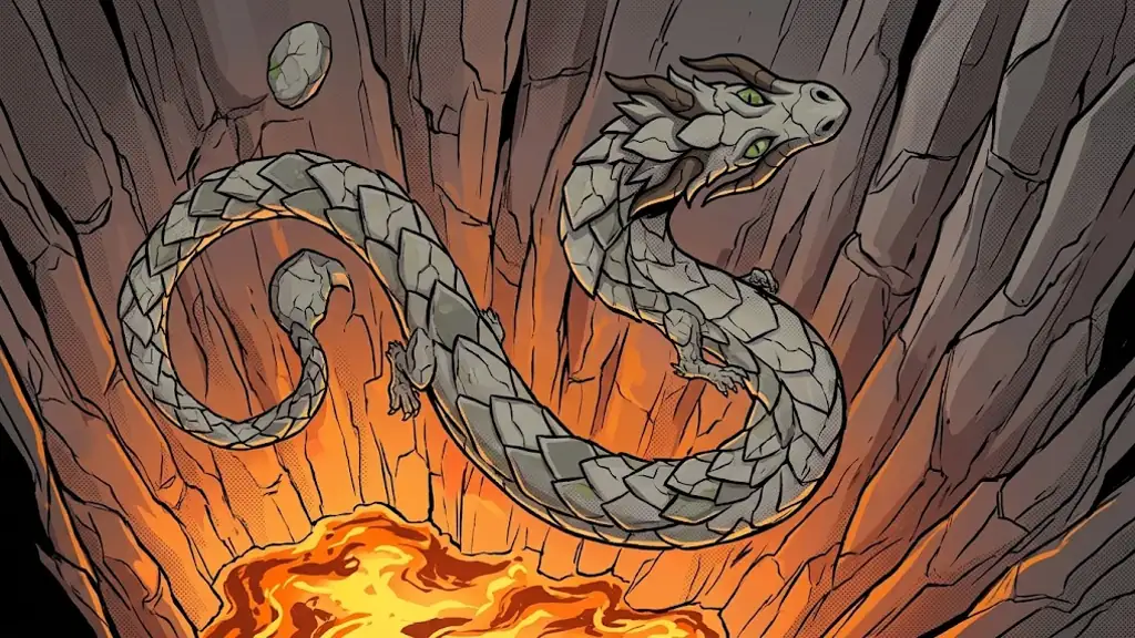 Granite, the grey stone dragon with green eyes, flying past a volcanic cliff