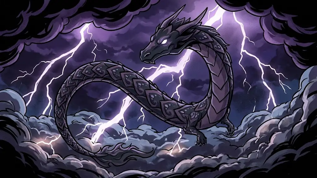 Shadow, the dark storm dragon with glowing white eyes, rising above a night storm
