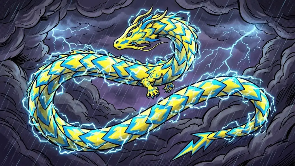Static, the yellow and blue lightning dragon, crackling in a thunderstorm