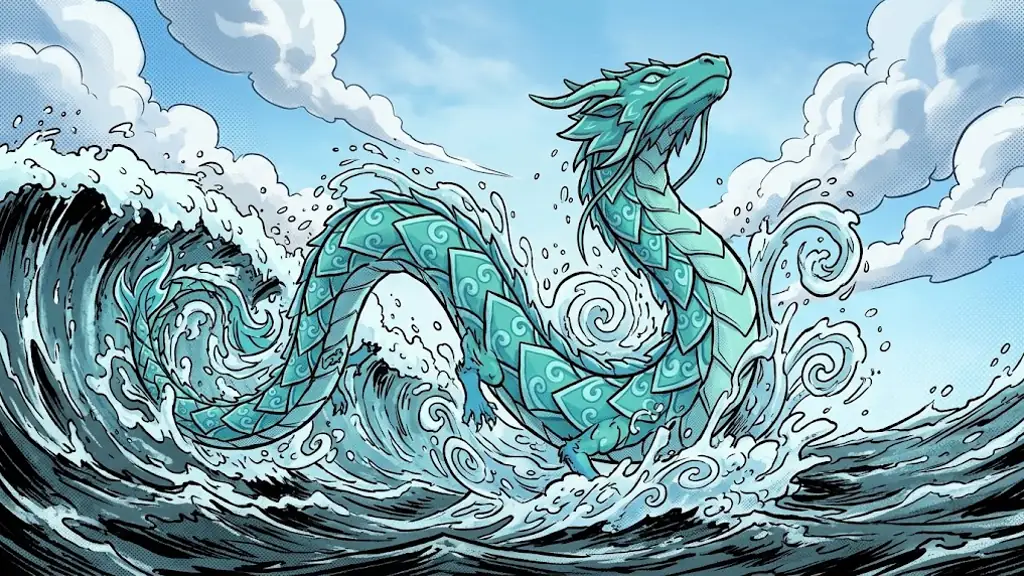 Torrent, the teal water dragon, bursting out of a giant wave