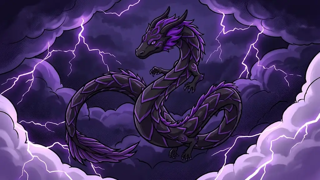 Umbra, the black dragon with violet markings, emerging from a storm cloud