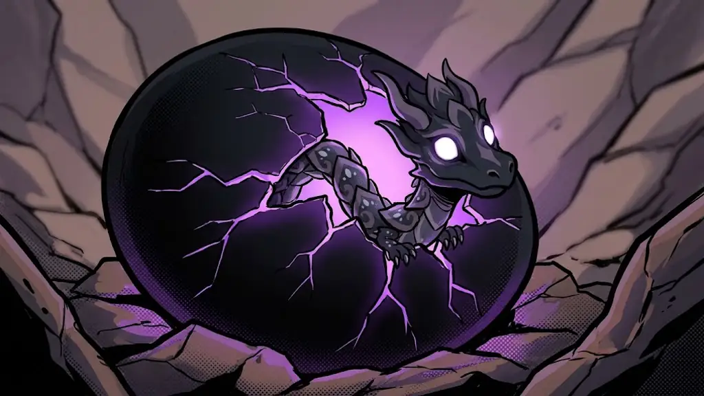 A tiny baby dragon with big glowing white eyes peeking out of the cracked black egg