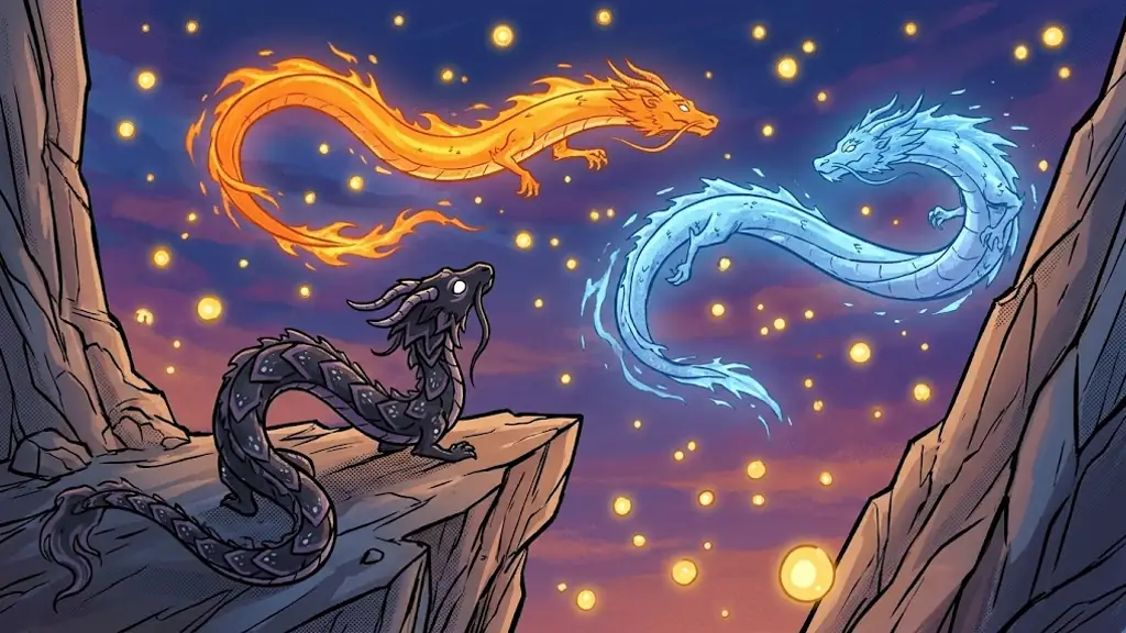 The baby dragon on the cliff edge, seen from behind, looking at a sky full of glowing orbs and giant dragons far away