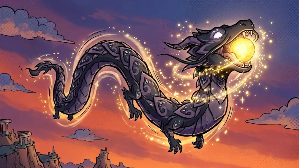 The young dark dragon in its first wobbly flight, swallowing a glowing golden orb surrounded by sparkles