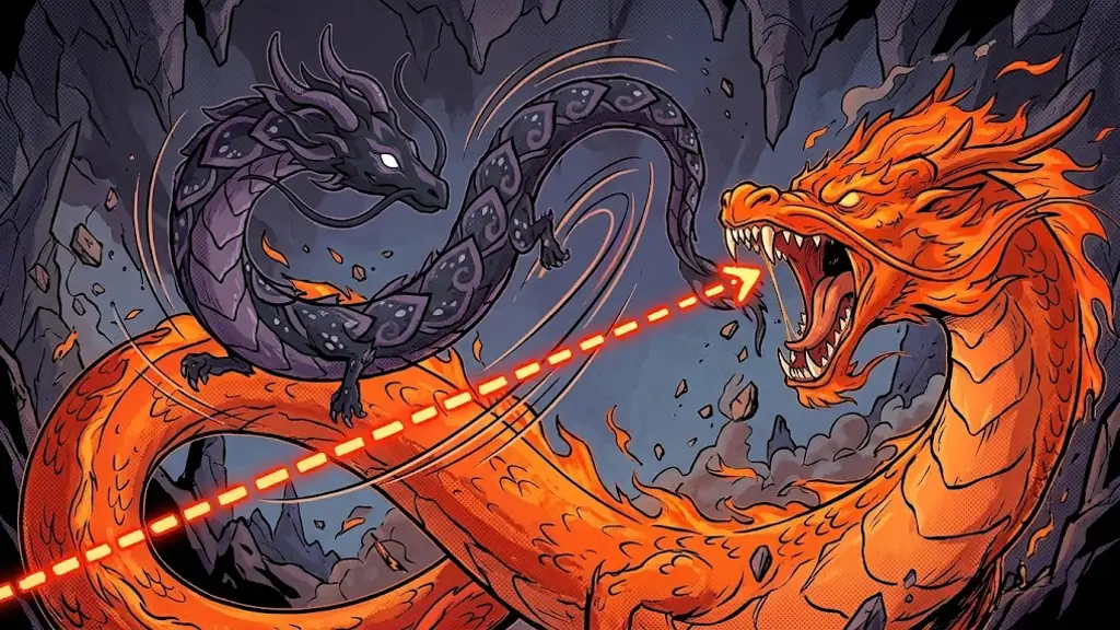 A huge fiery orange dragon charging a breath attack, a dashed aim line pointing at the small dark dragon who twists out of the way