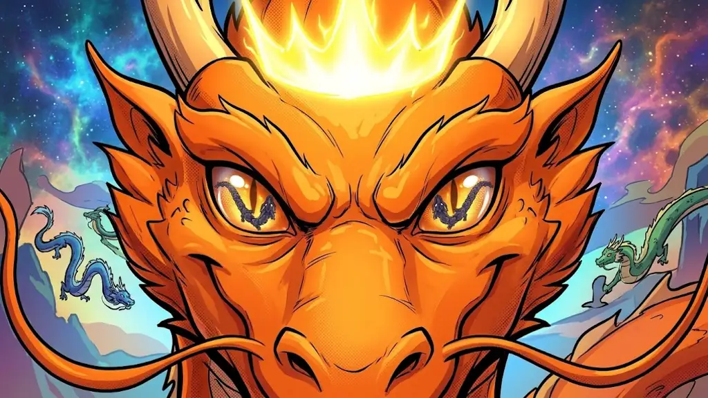 Close-up of the giant orange dragon with the golden crown of light above its horns, smiling proudly