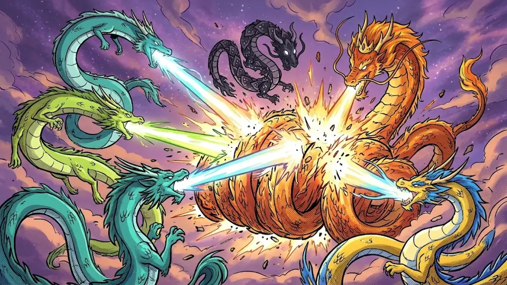 Three dragons attacking the crowned giant from three sides with beams of light while it coils its body like a wall