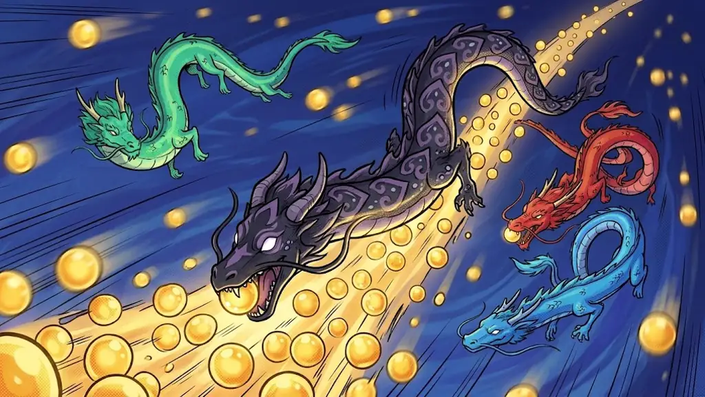 The young dark dragon diving into the cascade of falling golden orbs, swallowing them and growing longer