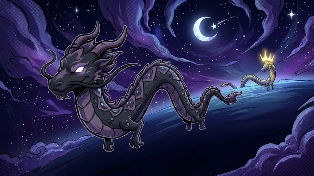 At night, the young dark dragon, now bigger, flying with determination toward a new crowned dragon on the horizon