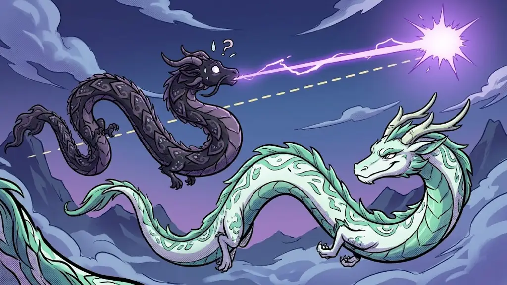 The mint-green dragon twisting away from the aim line with a smug face while the violet beam misses
