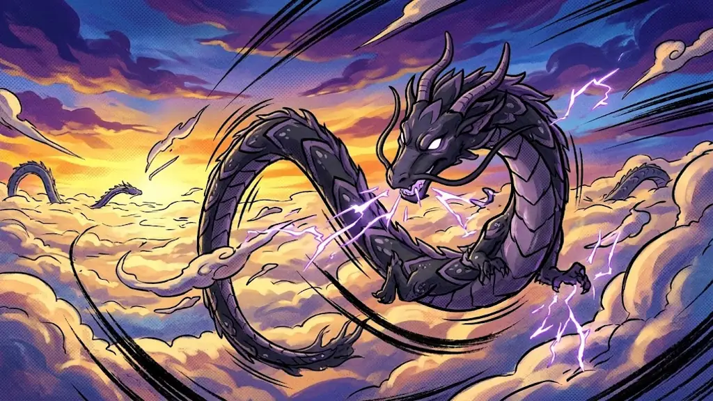The young dark dragon practicing alone above a sea of clouds at sunset, firing quick violet bursts