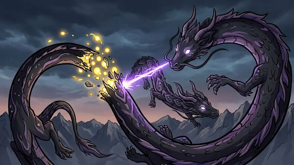 The young dark dragon slicing the tail of a black dragon with violet markings, the cut tail breaking into golden orbs