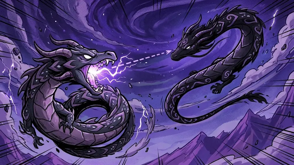 Head-on duel: the dark dragon holding a charged breath, the aim line pointing exactly at the rival's head