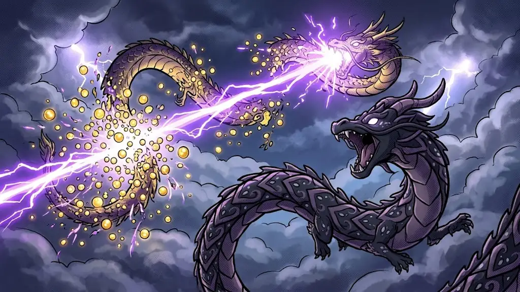 The violet beam hitting the rival's head in a bright flash, the rival bursting into golden orbs, the dark dragon roaring