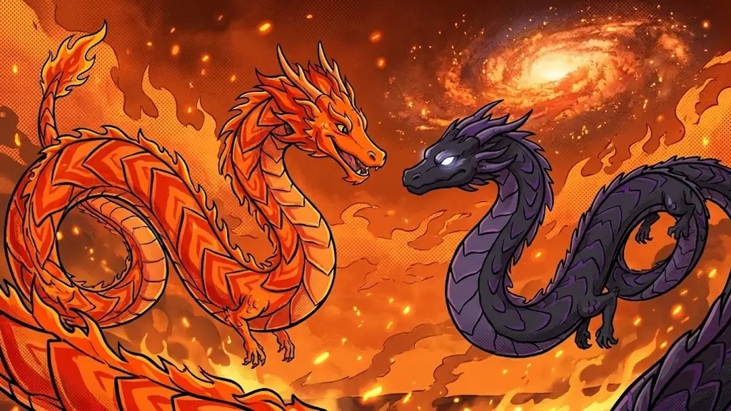 A blazing orange fire dragon greeting the young dark dragon in a sky of embers