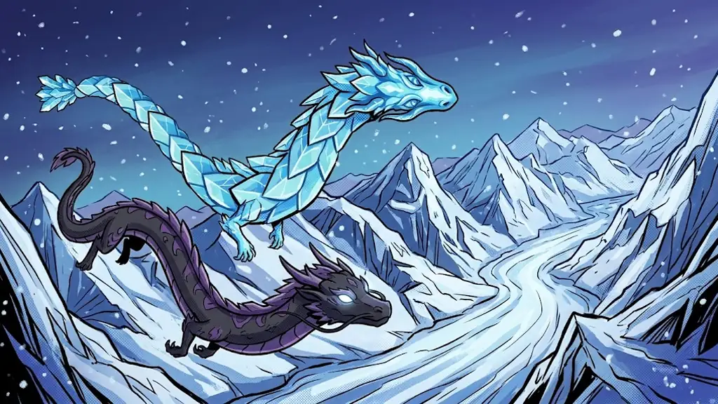 An icy blue crystal dragon gliding through falling snow beside the young dark dragon