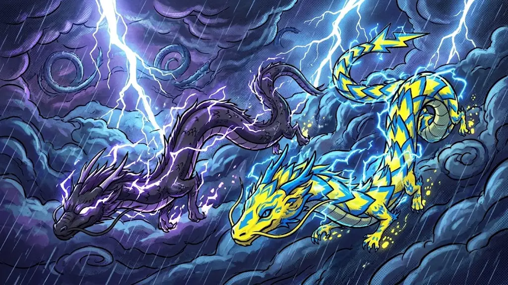 An electric yellow and blue dragon racing the young dark dragon in a thunderstorm