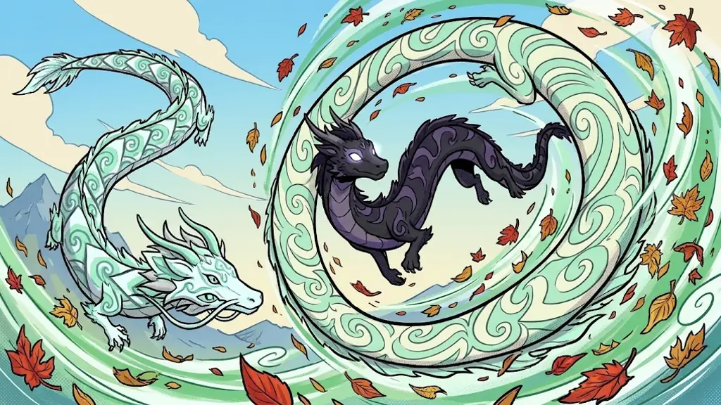 A white and mint-green wind dragon looping around the young dark dragon among swirling leaves