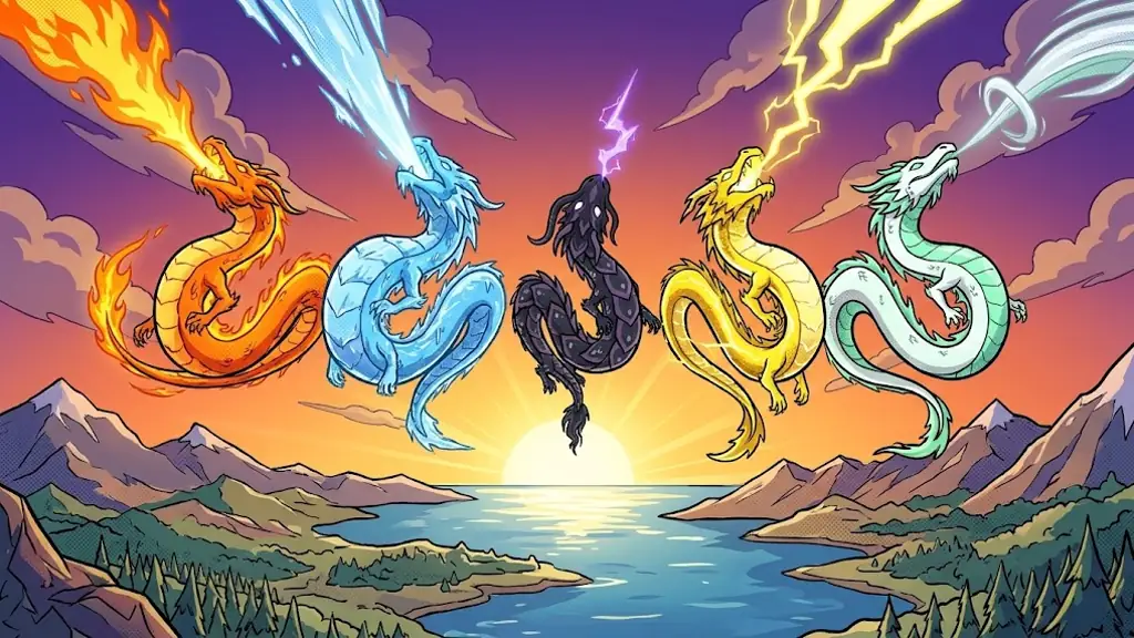 Five dragons flying side by side toward the rising sun, each breathing its own element: fire, ice, violet lightning, yellow lightning and wind