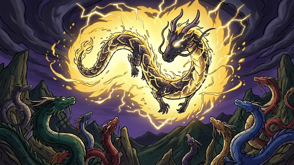 The dark dragon bursting into golden light, golden-edged scales, radiant aura and blazing white eyes