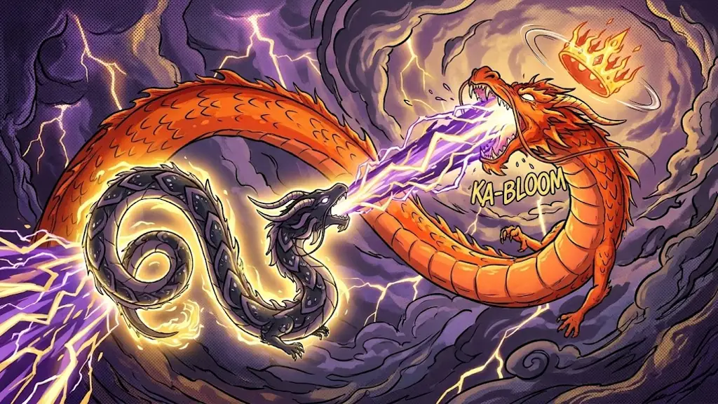 The golden dark dragon firing a huge violet and gold beam at the head of the crowned orange giant, knocking the crown of light away