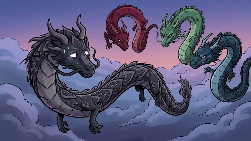 The dark dragon, grey and drooping after its golden glow fades, while small rival dragons approach slyly