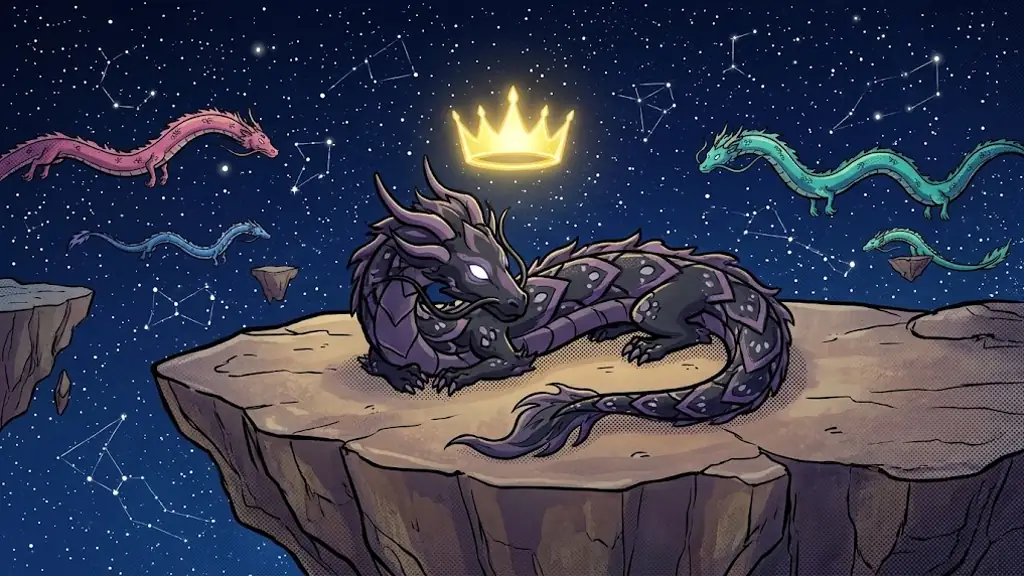 The exhausted dark dragon resting curled on a floating rock under a starry sky, a golden crown of light floating above its head