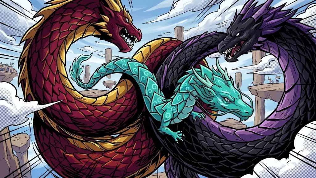 Torrent slipping through a narrow gap between the coiled bodies of two giant dragons
