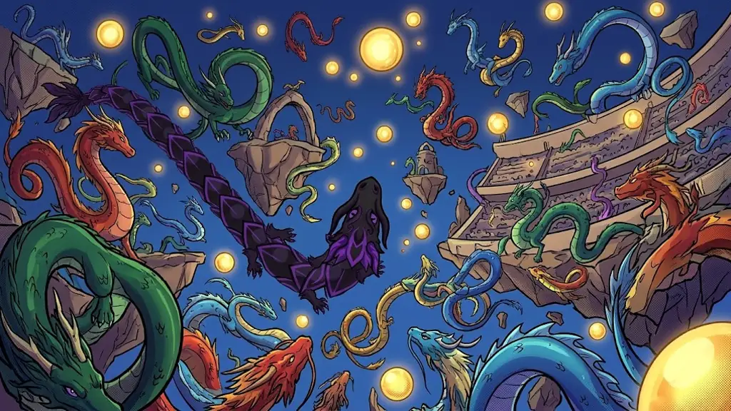 Umbra flying through a crowded sky arena full of colorful dragons and glowing orbs